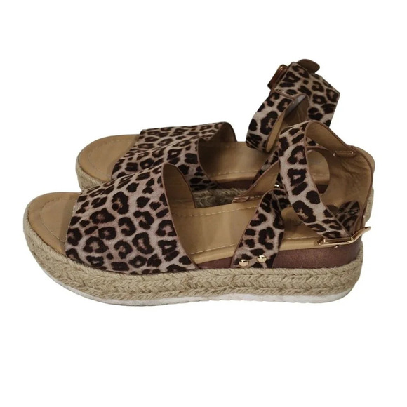 Forever Leopard Animal Print Sandals Espadrille Women Size 8.5 Ankle Strap Brown - Picture 2 of 7